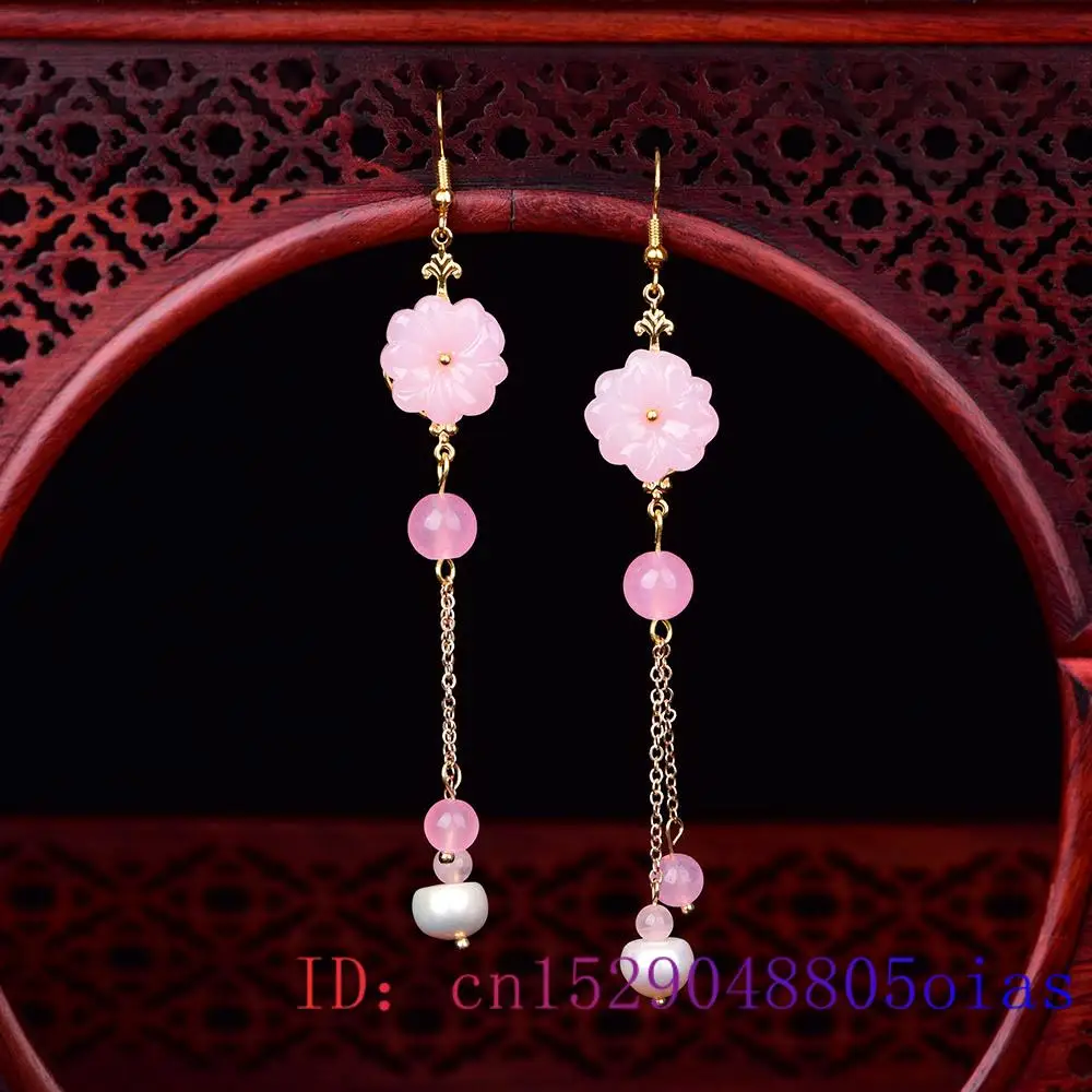 Women Fashion Jewellery - Rosa Jade Blumen Ohrringe Chalcedon Edelstein