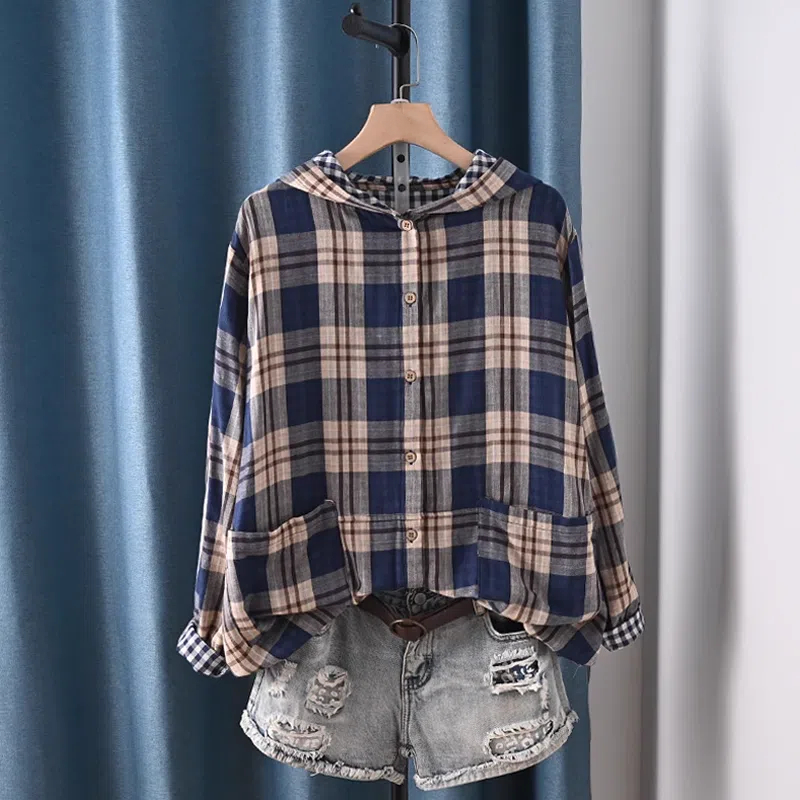 Women Fashion Japan - Plus-Size-Oberteile, karierte Blusen aus 100 %