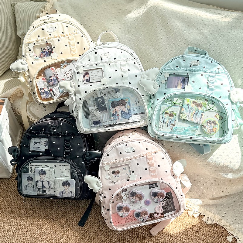 Women Fashion Japan - Japanischer Kontrast-Stern-Ita-Bag-Rucksack mit Bandage und Schleife,