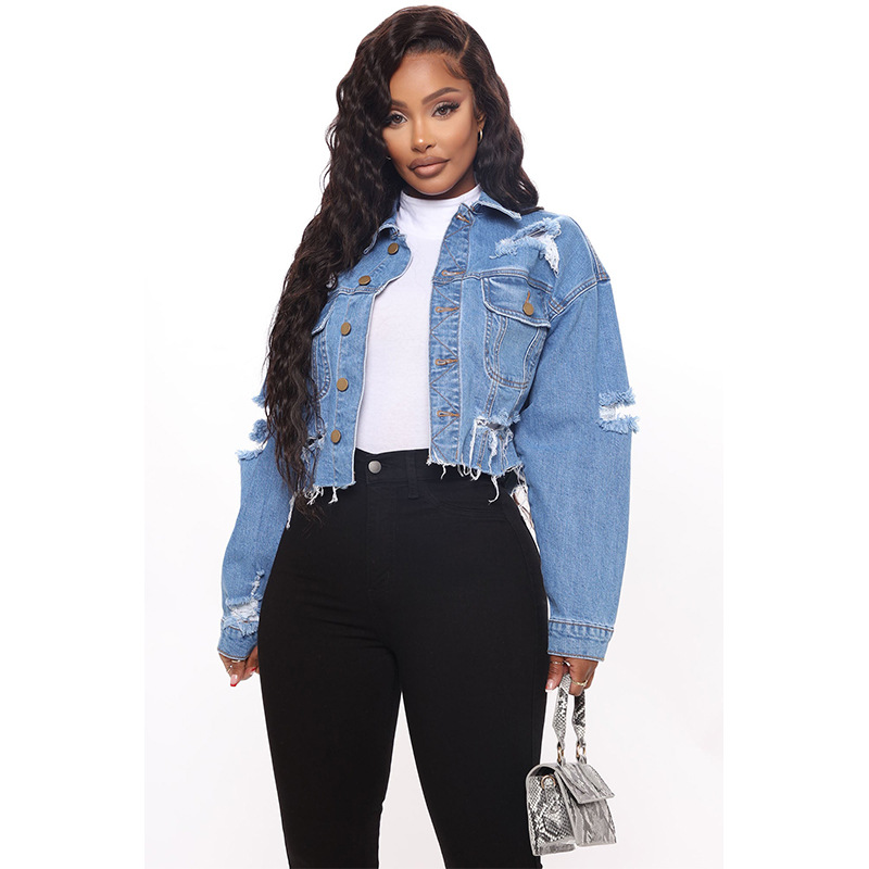 Women'S Fashion Denim Jacket - Gewaschene, zerrissene Denim-Kurzjacke. Neue modische, lockere,