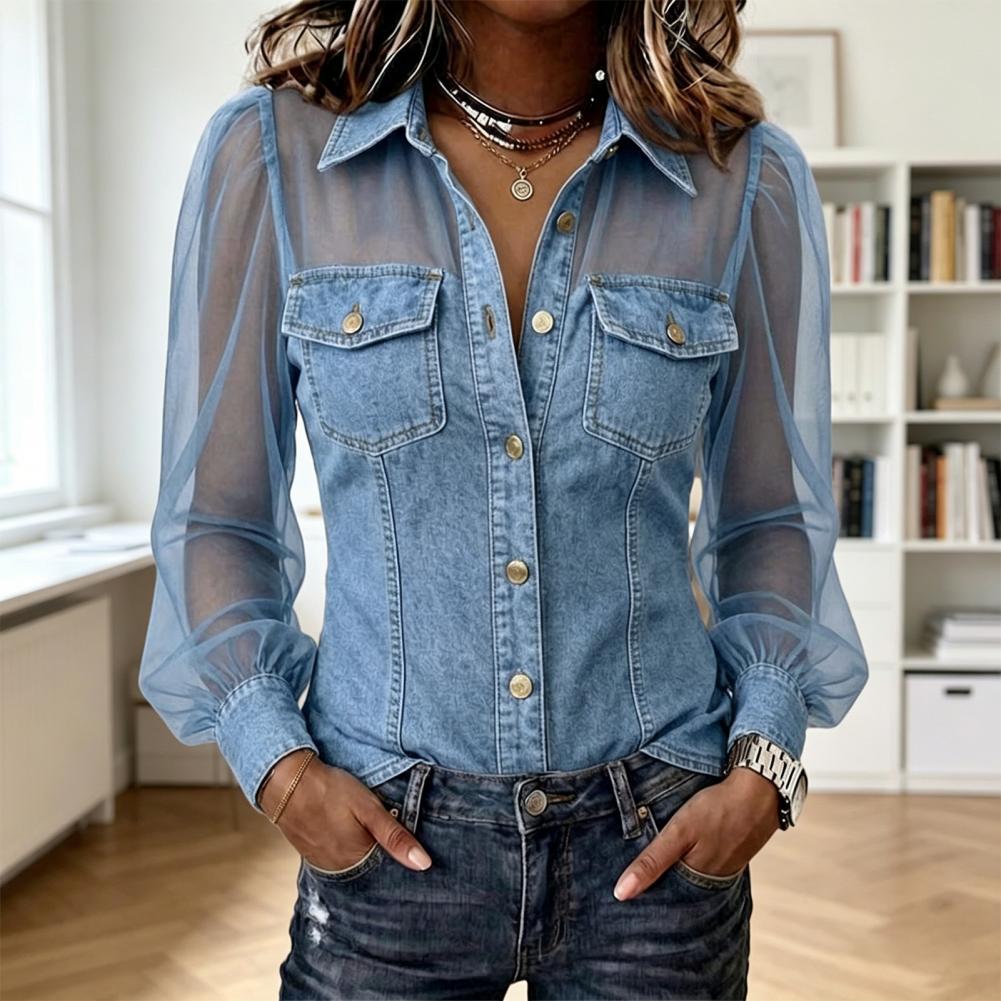 Women Fashion 80S - 2026 Mesh-Patchwork-Denim-Bluse für Damen, Country-Konzert-Shirt, Damen-Schulter-Denim-Hemd,