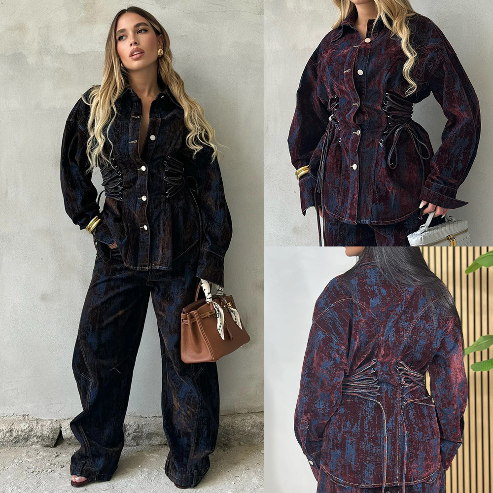 Women'S Fashion Denim Jacket - Damen Design-Jeansjacke mit Kordelzug und Farbblock-Design,