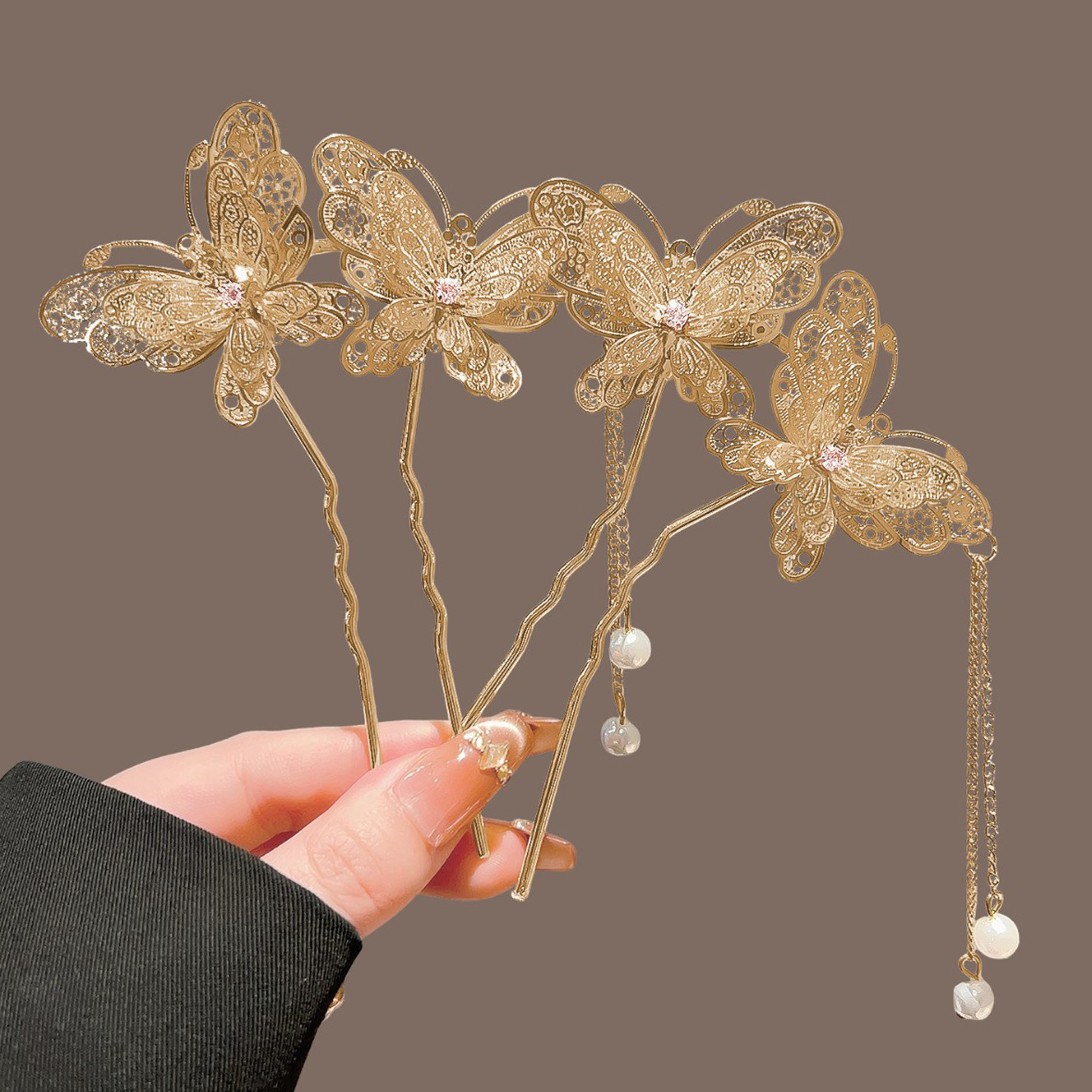 Women Fashion Hair Style - Neo-chinesische Doppel-Schmetterlings-Haarspange mit Quaste, elegante Legierung,