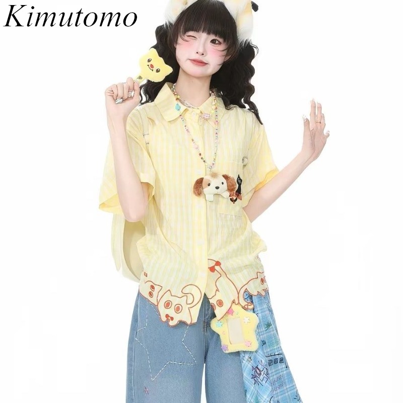 Women'S Y2K Fashion Aesthetic - Kimutomo Damenblusen mit Katzen-Stickerei, Kariert, Kurzarm,