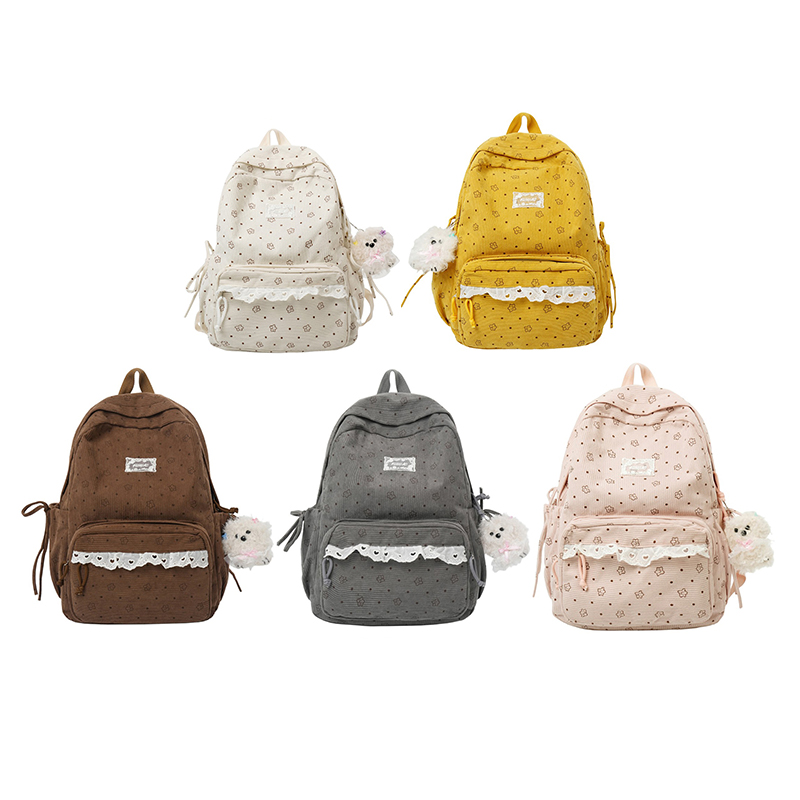 Women'S Y2K Fashion Aesthetic - Polka-Dot-Print Blumenmuster Kawaii Rucksack mit Plüschanhänger