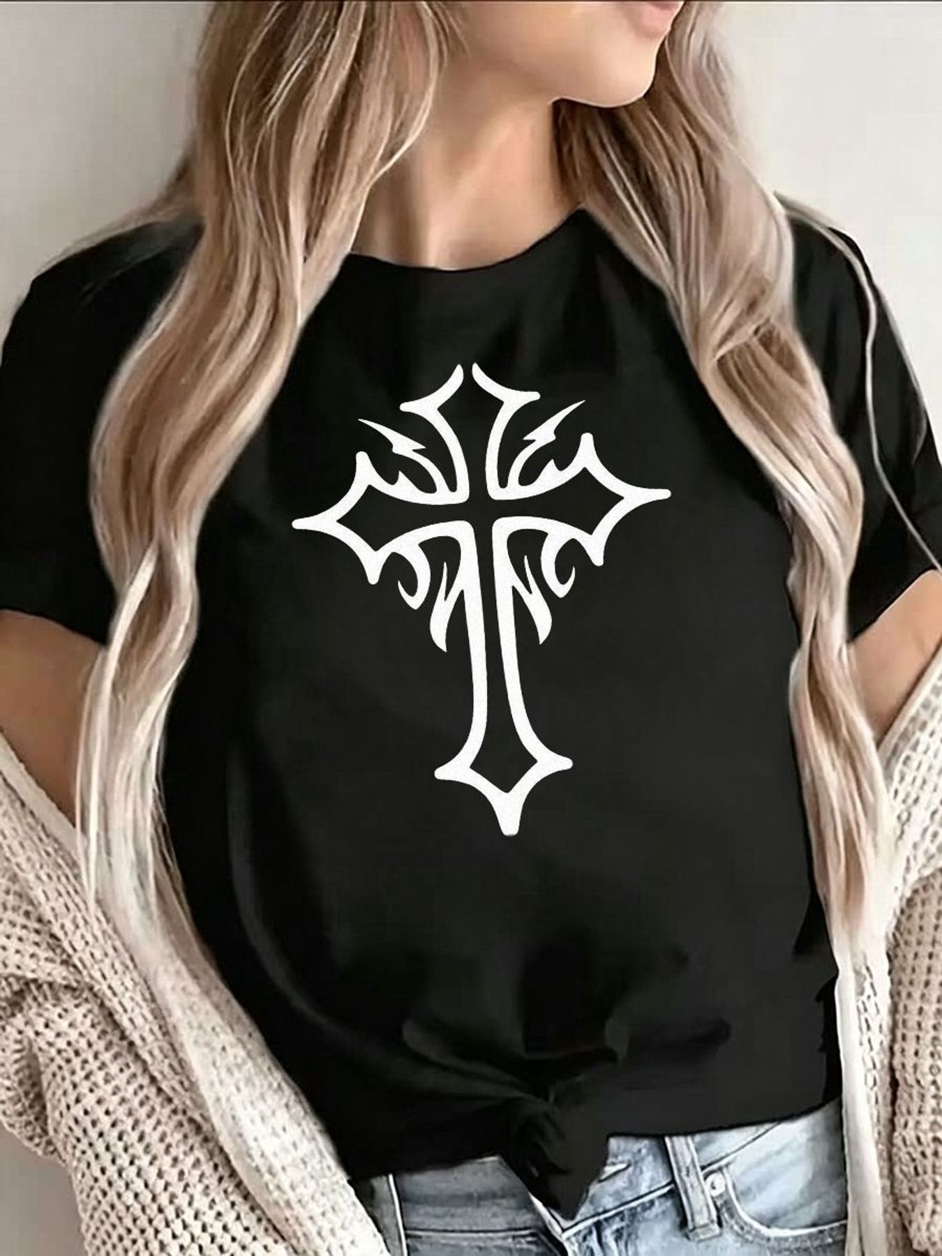 Women'S Y2K Fashion Aesthetic - Gothic-Kreuz Grafik T-Shirt Damen Mode Streetwear