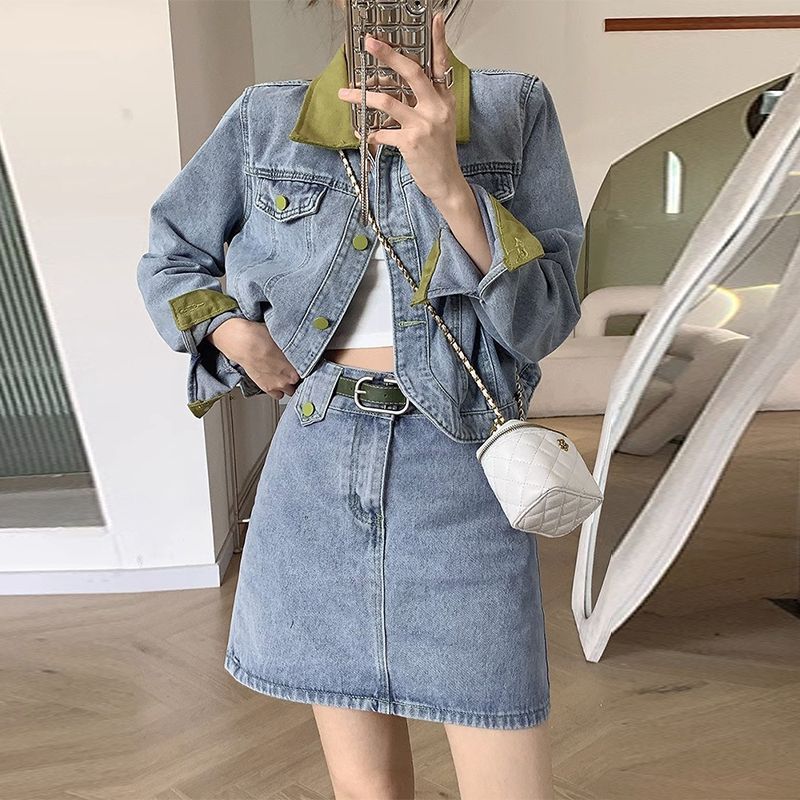 Women'S Fashion Denim Jacket - Denim Mäntel Mini Röcke Zwei Stück