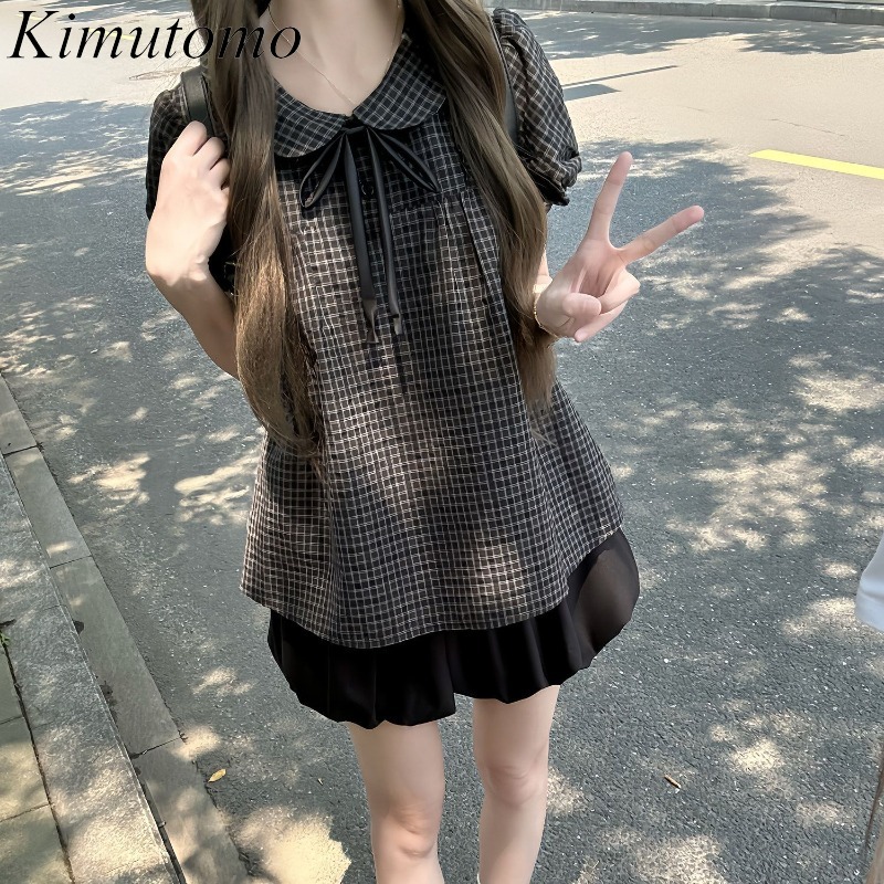 Women'S Y2K Fashion Aesthetic - Kimutomo Damenhemden mit Peter-Pan-Kragen, kariert, kurzärmelig,