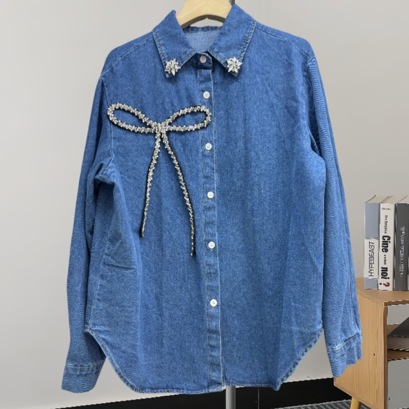 Women'S Fashion Denim Jacket - Modisches Oberteil mit Strass-Schleife, Jeanshemd für